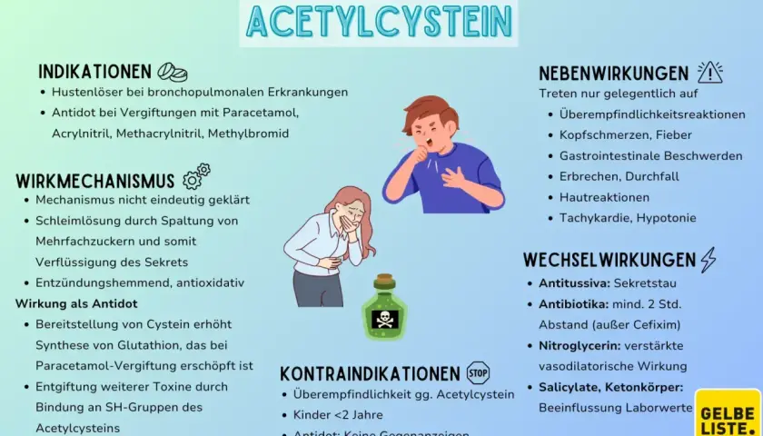 Infografik zu Acetylcystein: Indikationen, Wirkmechanismus, Kontraindikationen, Neben- und Wechselwirkungen. Das Material ist klar und informativ gestaltet.