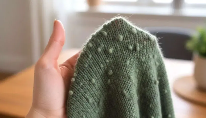 Grüner Strickpullover mit Noppenmuster, gehalten von einer Hand. Die feine Merinowolle fusselt leicht am Rand.