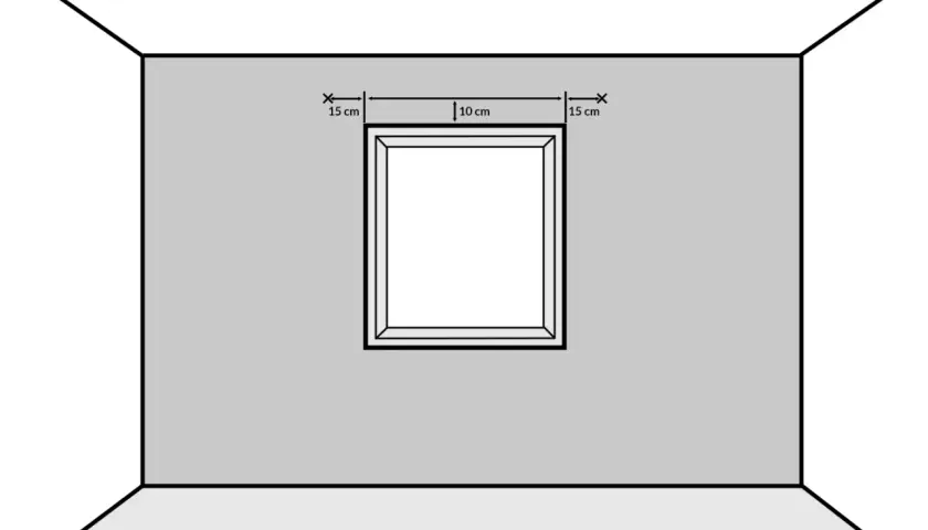 Illustration zeigt, wie man eine Gardinenstange anbringt: Abstand zur Decke 15 cm, Fensterbreite 10 cm.