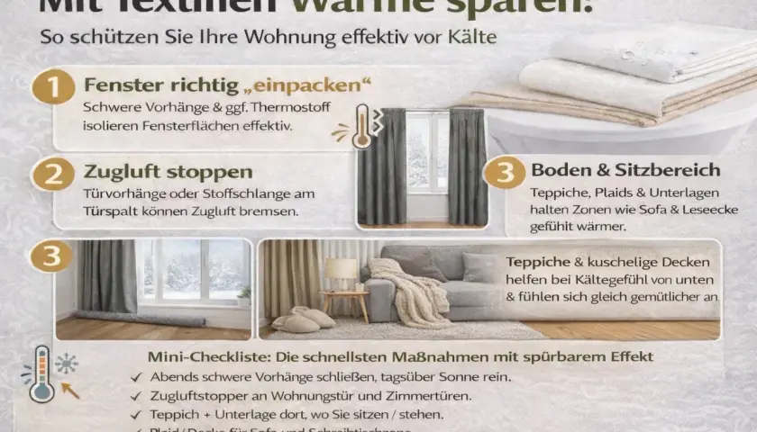 Textilien wie schwere Vorhänge und Teppiche dienen als Isolierstoff zum Nähen und helfen, Wärme zu sparen.