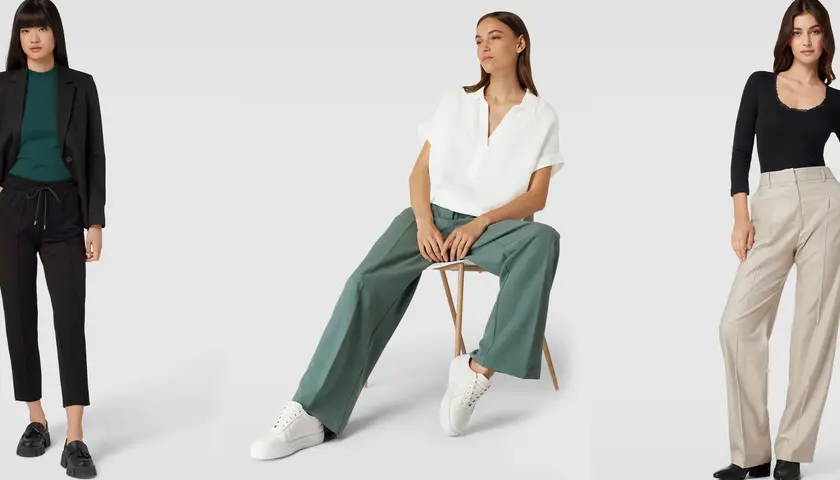 Drei Frauen präsentieren Outfits. Links ein Hosenanzug, Mitte weite Hose aus Modal Baumwolle, rechts eine elegante Hose.