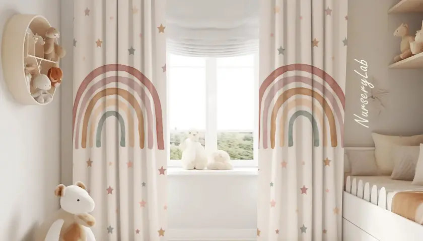 Traumhafte kinderzimmer fenster ideen mit Sternen und Regenbogen-Vorhängen. Ein Teddybär sitzt auf dem Boden.