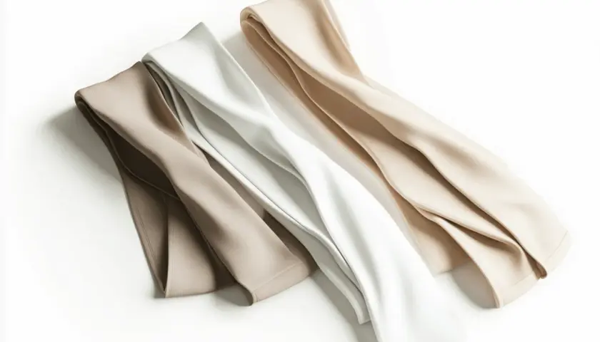 Drei Stoffbahnen in Beige, Weiß und Hellbraun. Die Textur deutet auf 98% Baumwolle, 2% Elasthan hin, die sich nicht einlaufen.