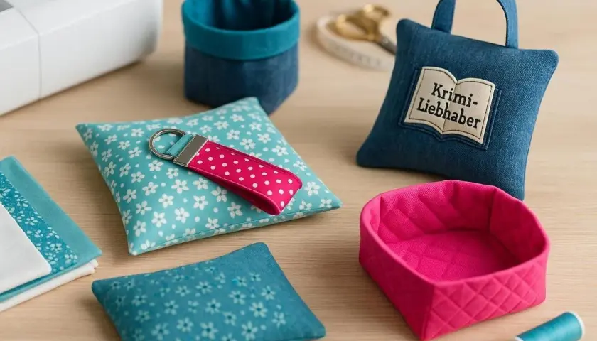 Kleine Nähprojekte für Anfänger: Schlüsselanhänger, Körbchen und Kissen mit Blumenmuster.