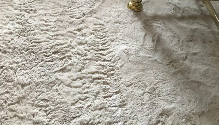 Ein heller, flauschiger Kunstfell Teppich ist leicht verfilzt. Ein goldener Möbelfuß steht darauf.