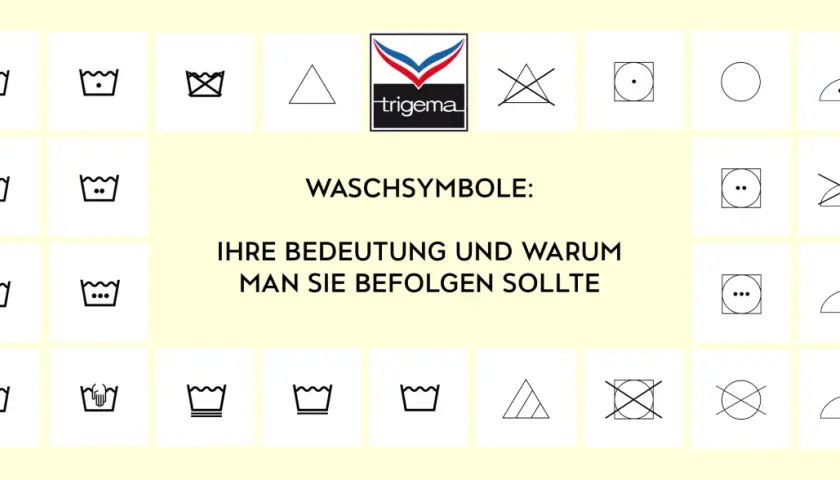 Übersicht von Waschsymbolen, die die richtige Pflege für Kleidung erklären. Das Schonwaschgang Zeichen ist nur eines von vielen, um Textilien richtig zu behandeln.