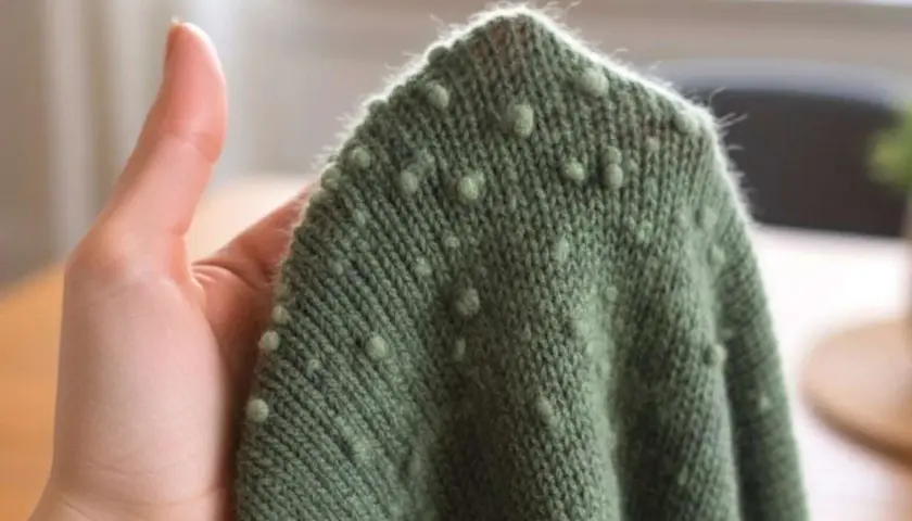 Grüner Strickpullover mit kleinen Noppen, der innen fusselt. Eine Hand hält den Stoff.