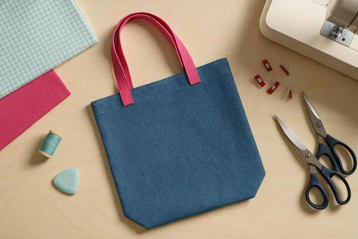 Blauer Beutel mit pinken Henkeln, bereit zum Nähen. Stoffreste, Garn, Schneiderkreide, Schere und Nähclips liegen daneben – ein **beutel schnittmuster**-Projekt.