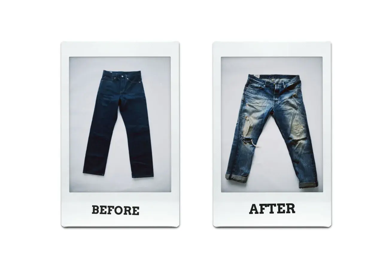 Zwei Bilder von Jeans: links eine dunkle, neue Jeans, rechts eine abgetragene, zerrissene Jeans. Die Jeans waschen grad.