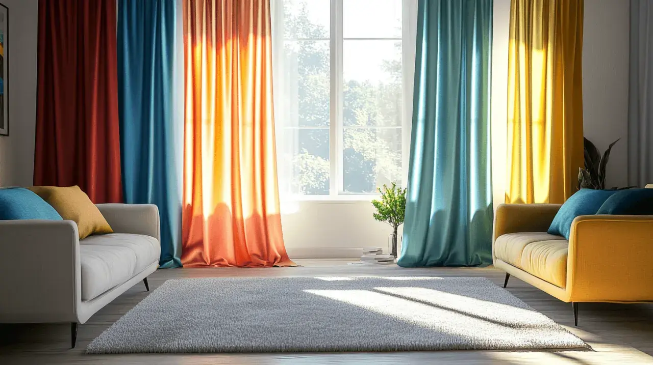 Bunte Vorhänge in Rot, Blau, Orange und Gelb erzeugen eine lebendige Atmosphäre. Die **Vorhangfarbe** und ihre **Wirkung** auf den Raum sind hier deutlich zu sehen.