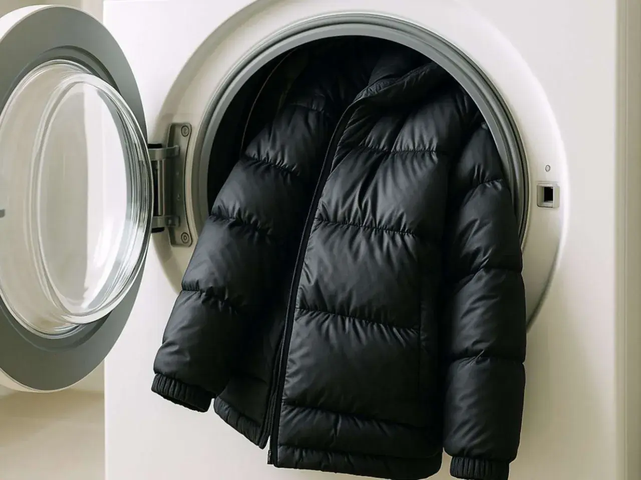 Schwarze Daunenjacke in einer Waschmaschine. Achten Sie auf die richtige Temperatur beim **daunen waschen temperatur**, damit die Füllung nicht beschädigt wird.