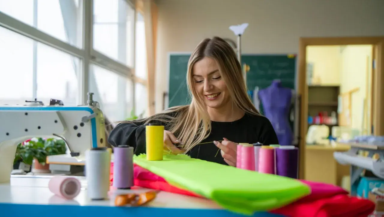 Junge Frau näht mit Nähmaschine. Bunte Garnrollen liegen neben leuchtend grünem, wasserdichtem Stoff zum Nähen.