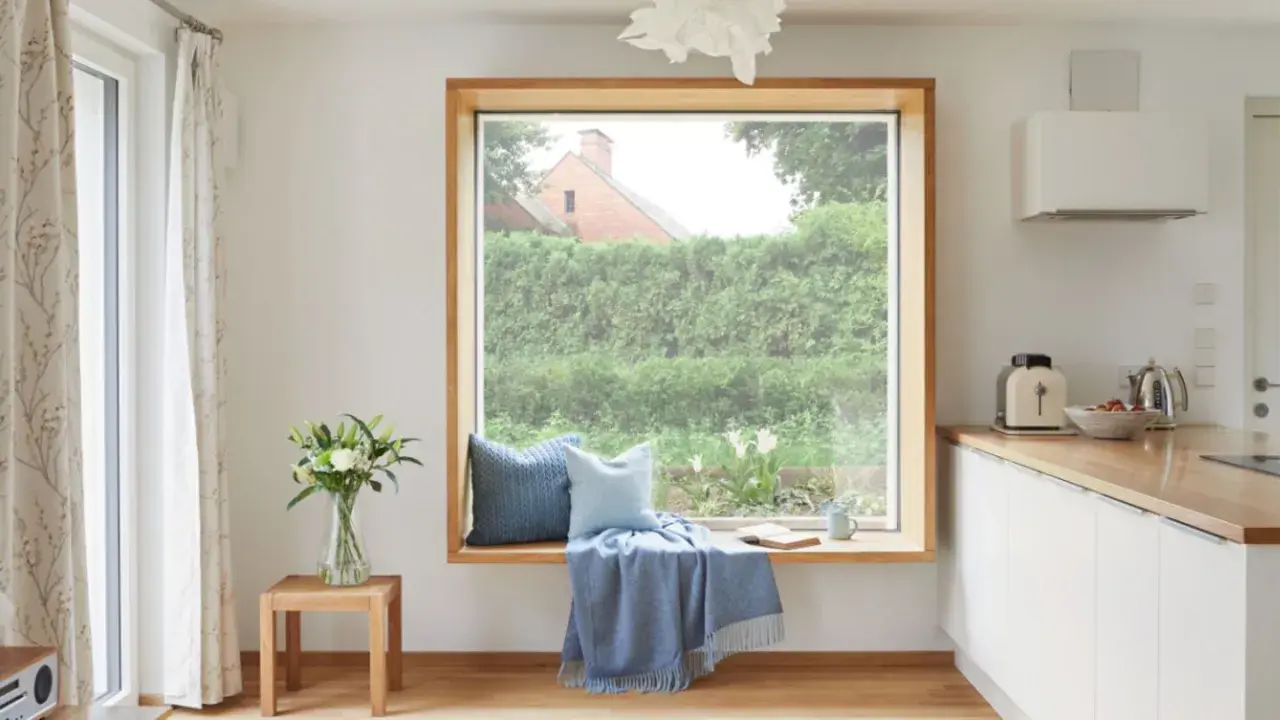 Ein Fensterplatz mit Kissen und Decke lädt zum Verweilen ein. Die Gardinenstange ist dezent gehalten, um den Blick nach draußen nicht zu stören.