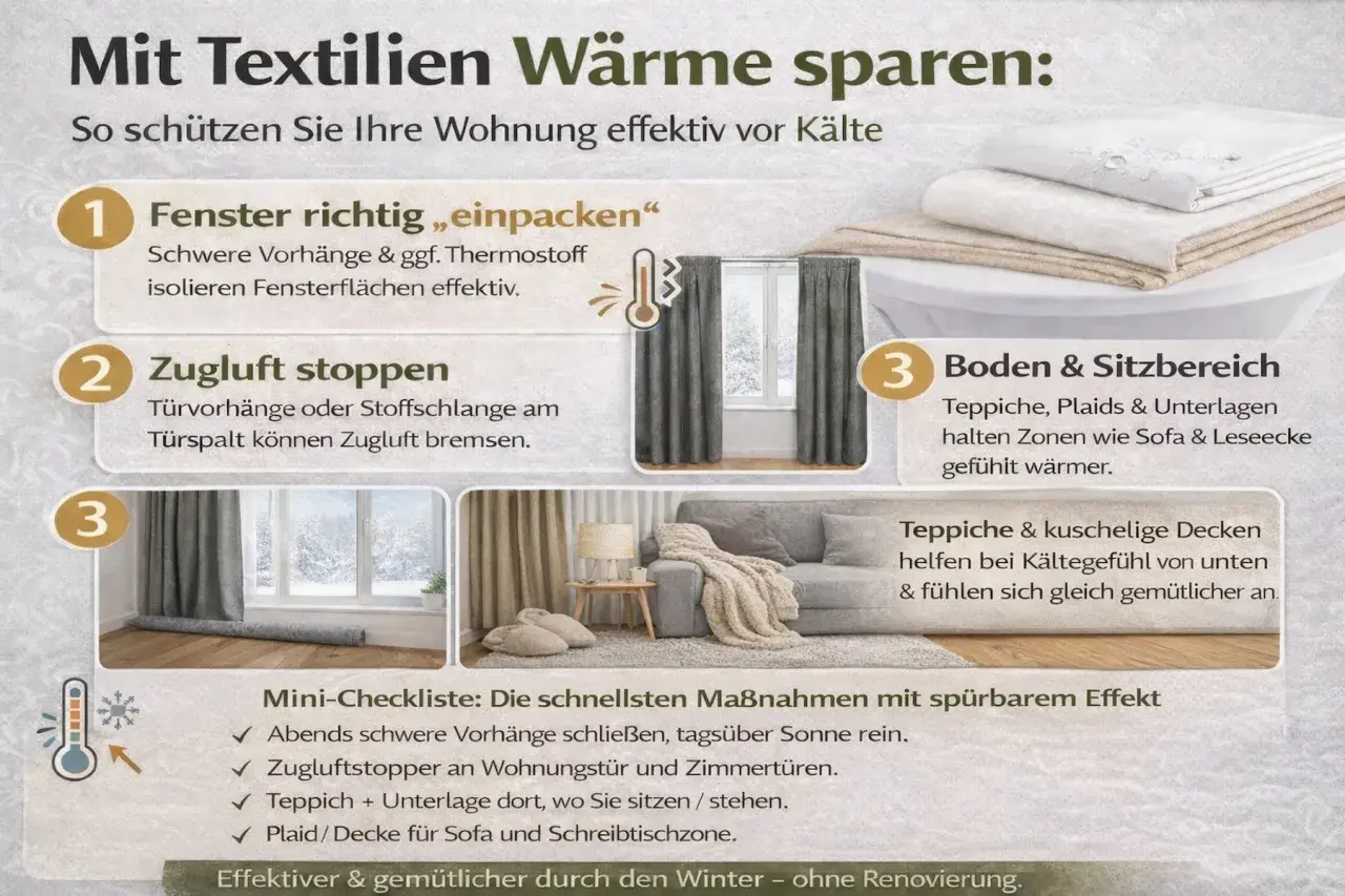 Graue, schwere Vorhänge hängen vor einem Fenster und isolieren es. Eine **Gardine vor Heizung** schützt vor Kälte.