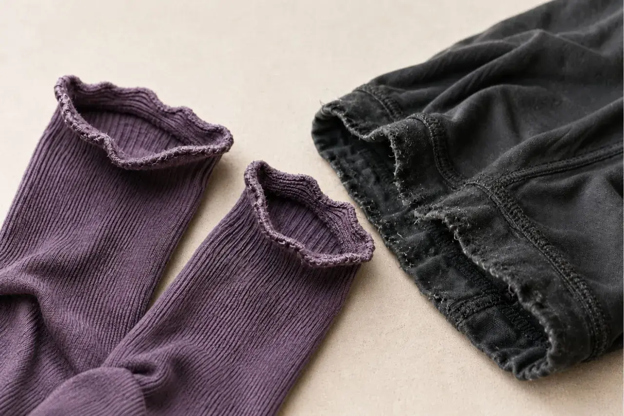 Lila Socken mit Rüschenrand und dunkle Hose. Elasthan Nachteile: Der Stoff kann ausleiern und die Nähte fransen.