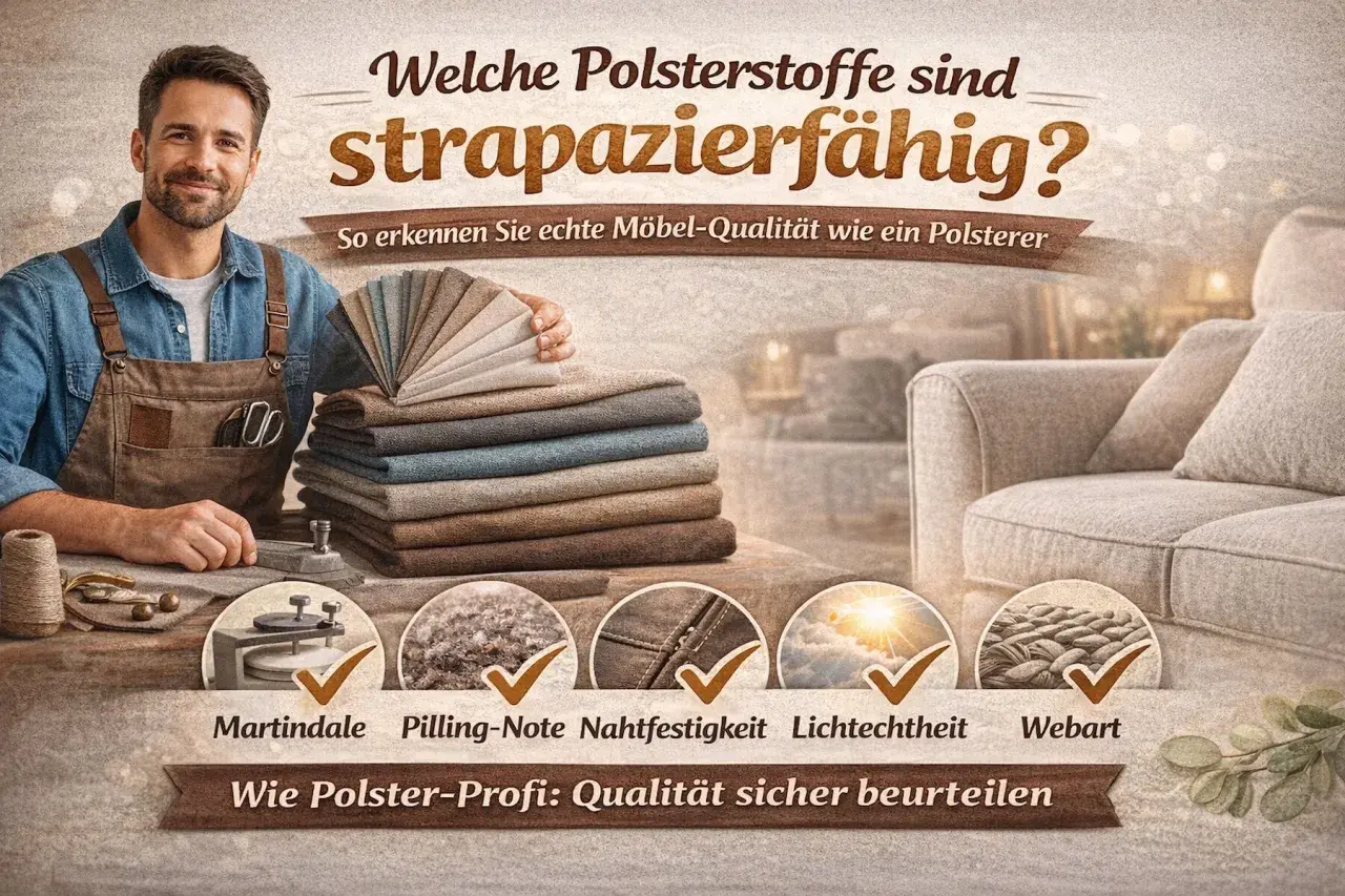 Ein Polsterer zeigt Stoffmuster für die Textilherstellung. Er erklärt, wie man strapazierfähige Polsterstoffe erkennt, z.B. Martindale, Pilling-Note, Nahtfestigkeit, Lichtechtheit und Webart.