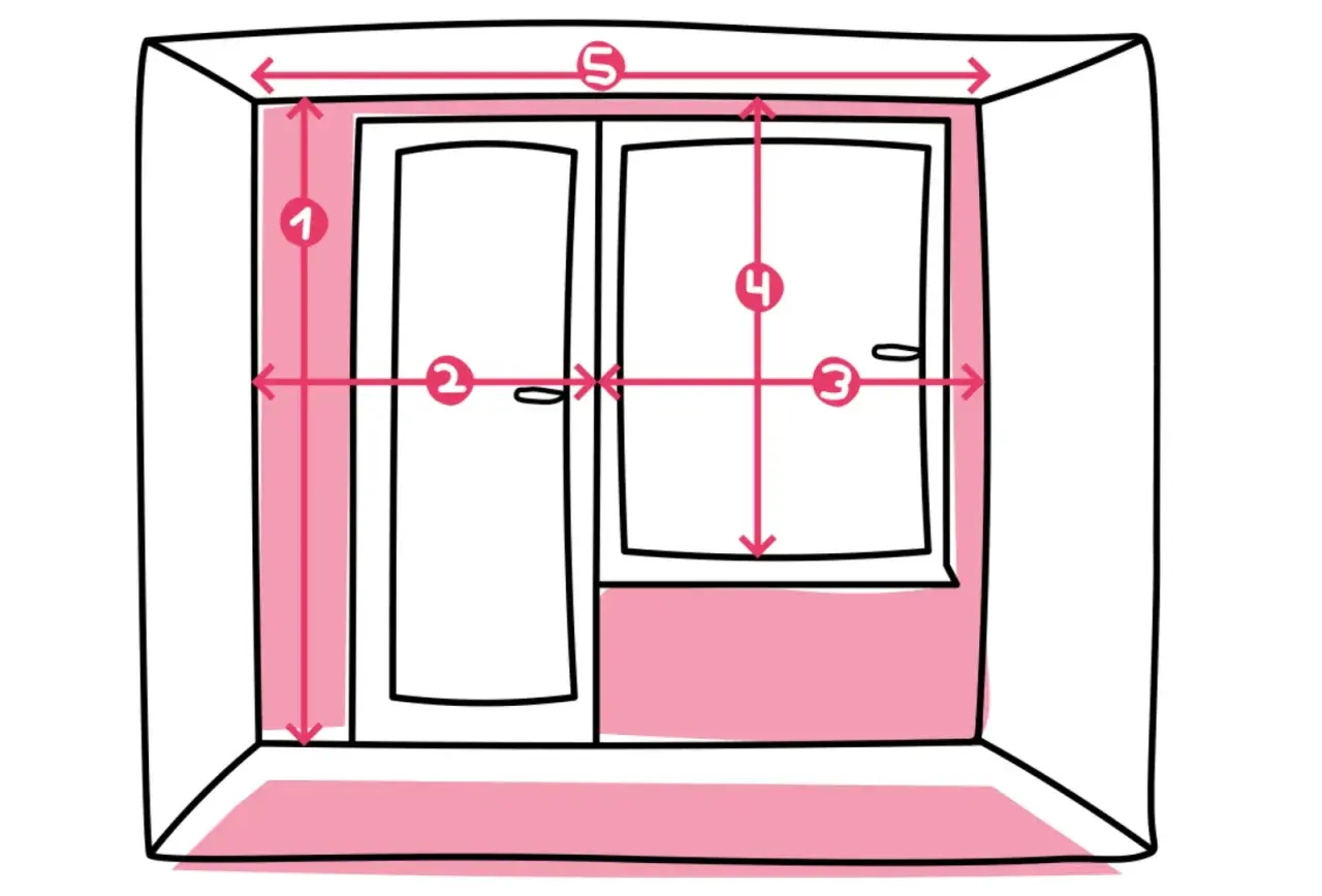 Illustration zeigt Maße für Gardinen bis Fensterbank oder Boden. Zahlen markieren Höhe und Breite von Tür und Fenster.