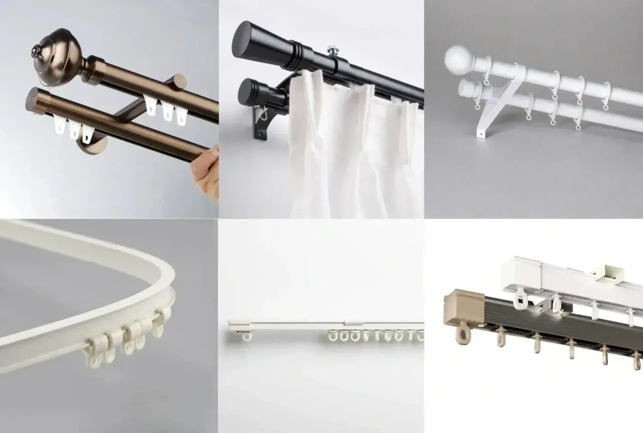 Verschiedene Modelle von gardinenschiene oder stange, darunter Doppelstangen, weiße Stangen mit Ringen und flexible Schienen.