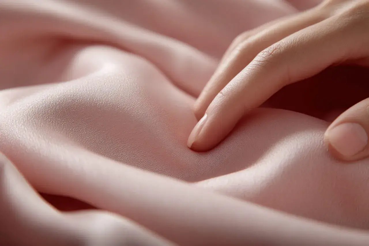 Sanfte Finger streicheln über zartrosa Cupro-Stoff. Das Material fällt weich und glatt, ideal zum Waschen und Pflegen.