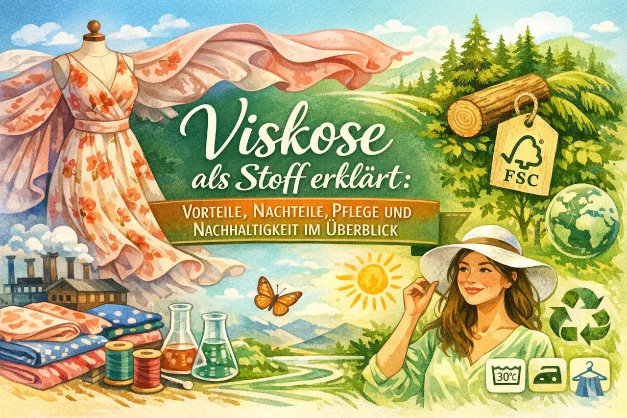 Viskose als Stoff erklärt: Vorteile, Nachteile, Pflege und Nachhaltigkeit im Überblick. Ein Kleid auf einer Schaufensterpuppe, Stoffballen, Spulen und Laborflaschen zeigen, was Viskose ist.