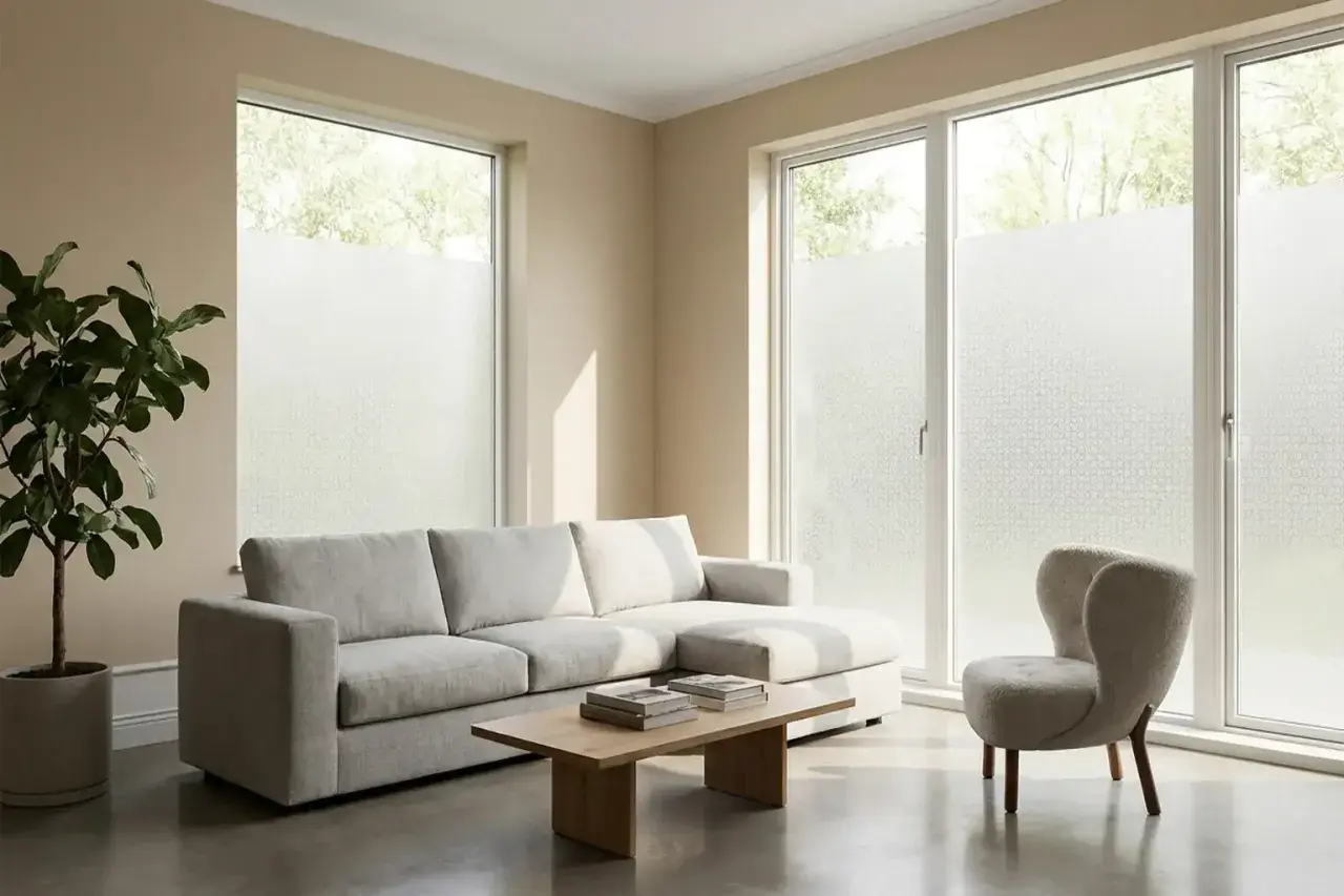 Helles Wohnzimmer mit grauem Sofa, Couchtisch und Sessel. Die Fenster sind mit Milchglasfolie beklebt, die das Licht sanft filtert. Die Folie ist so gestaltet, dass sie wie feine Gardinen färben wirkt.