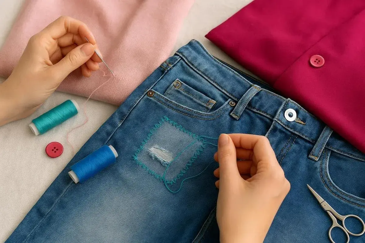 Hände flicken mit Nadel und Faden eine Jeans. Garnrollen und Knöpfe liegen bereit.