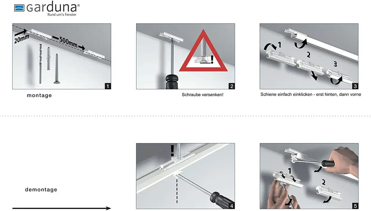Anleitung zur Gardinia Vorhangschiene Montage: Bohren, Schrauben versenken, Schiene einklicken. Demontage wird ebenfalls gezeigt.