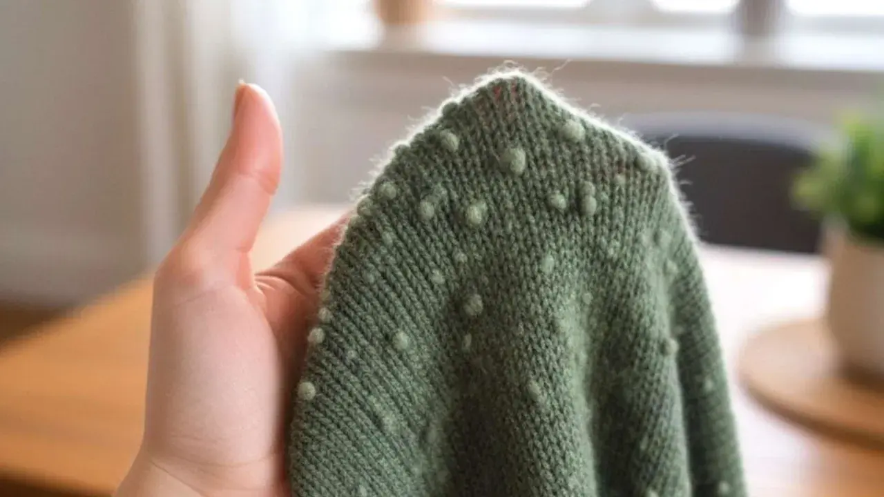 Grüner Strickpullover mit Noppenmuster, gehalten von einer Hand. Die feine Merinowolle fusselt leicht am Rand.