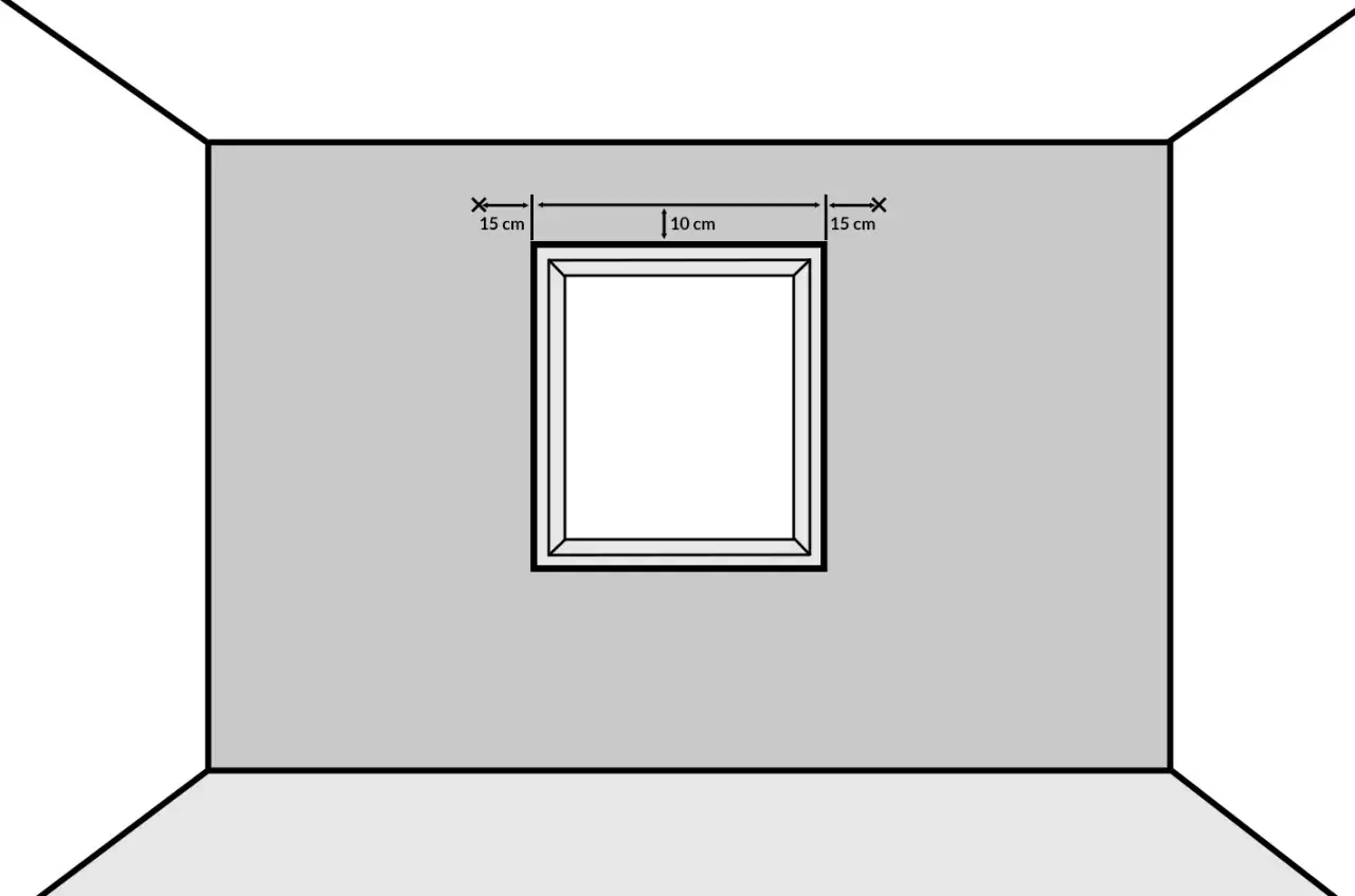 Illustration zeigt, wie man eine Gardinenstange anbringt: Abstand zur Decke 15 cm, Fensterbreite 10 cm.