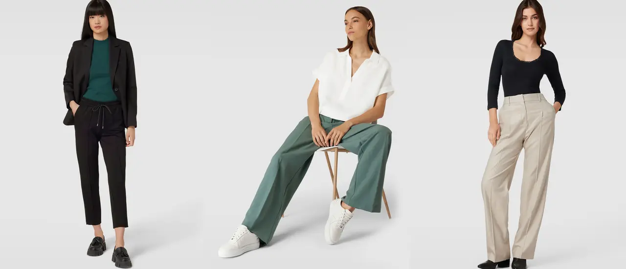 Drei Frauen präsentieren Outfits. Links ein Hosenanzug, Mitte weite Hose aus Modal Baumwolle, rechts eine elegante Hose.