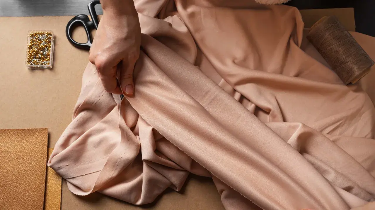 Eine Hand prüft den Stoff einer Viskose Polyester Mischung. Nadeln, Schere und Garn liegen bereit für das Waschen und Nähen.