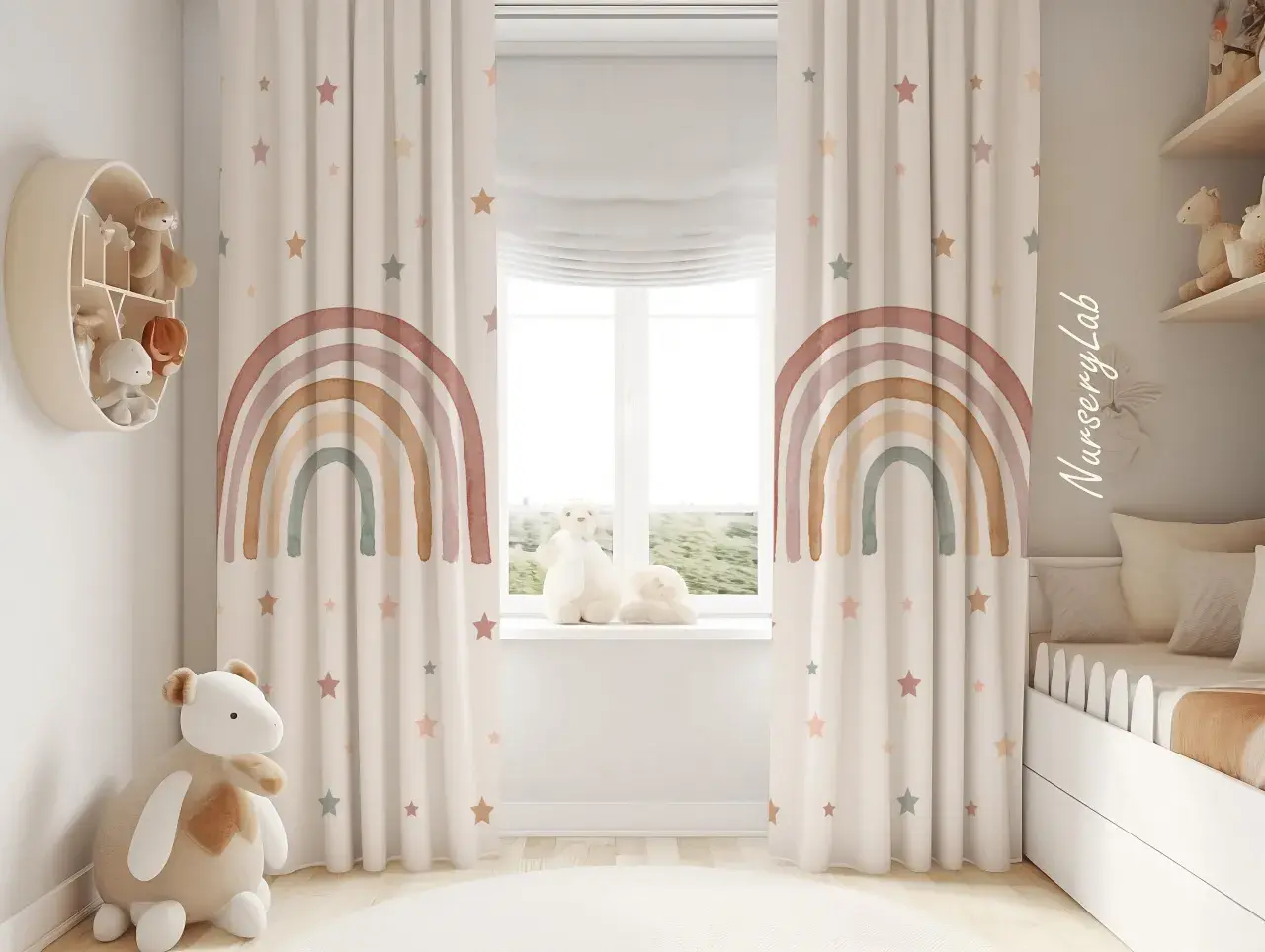 Traumhafte kinderzimmer fenster ideen mit Sternen und Regenbogen-Vorhängen. Ein Teddybär sitzt auf dem Boden.