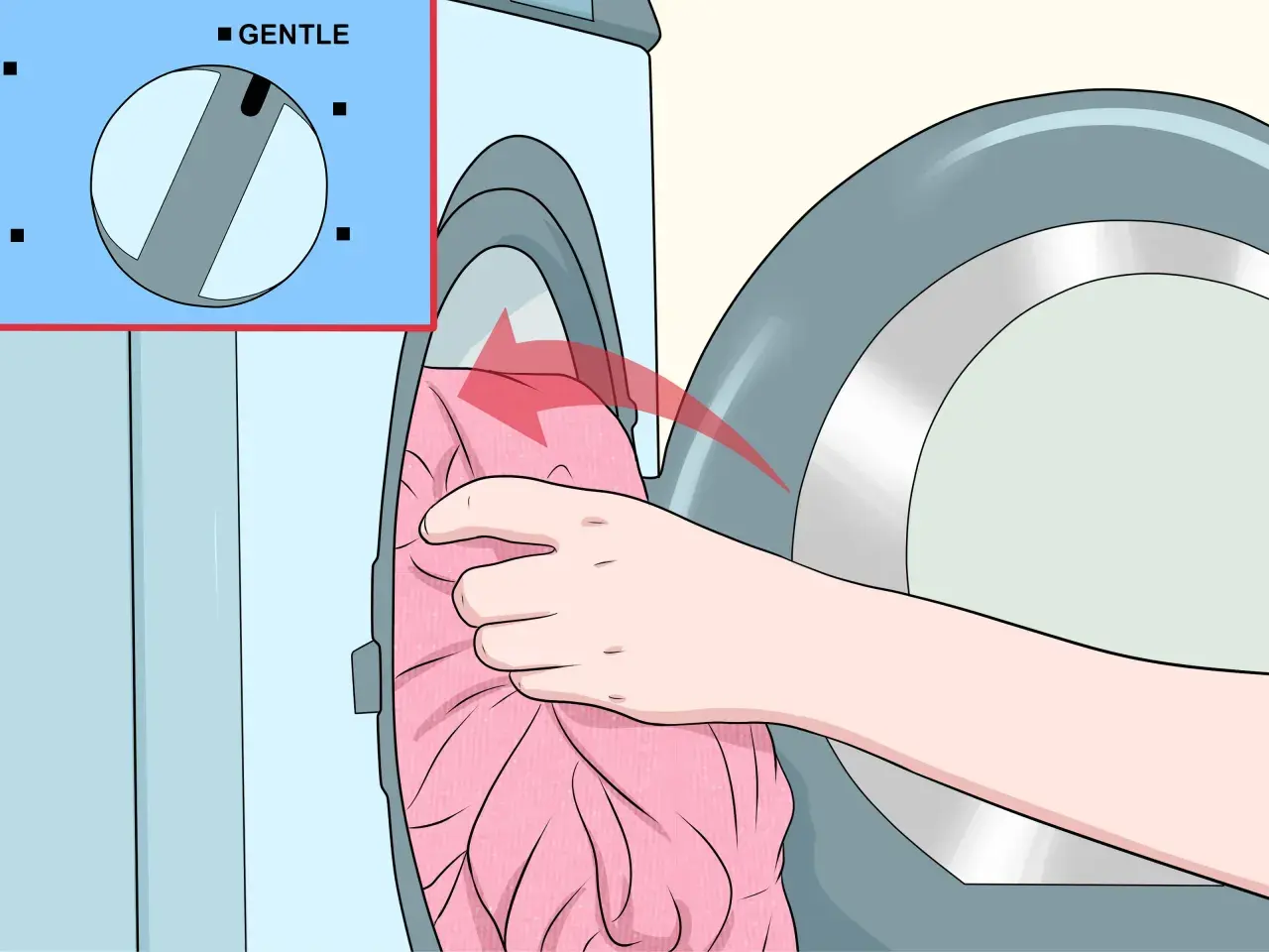 Hand lädt ein rosa Kleid in die Waschmaschine. Das Programm "Sanft" ist eingestellt, um zu verhindern, dass die Viskose eingelaufen ist.