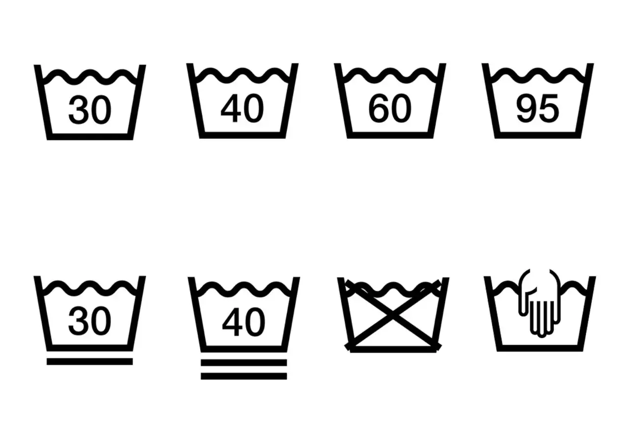 Symbole zum Waschen: verschiedene Temperaturen (30, 40, 60, 95 Grad), Schonwaschgang (30, 40 Grad) und Handwäsche.