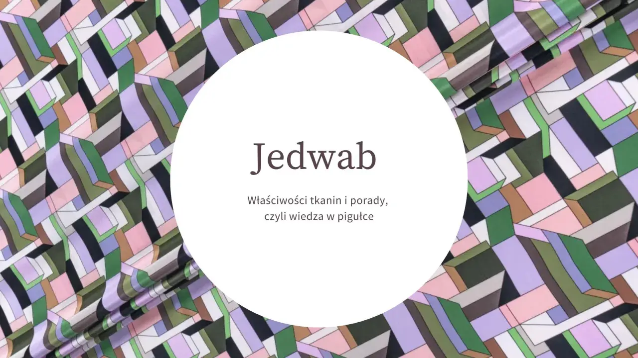 Abstraktes Muster auf Stoff, das an Kunstseide erinnert. Der Text "Jedwab" und weitere Informationen sind in einem Kreis platziert.