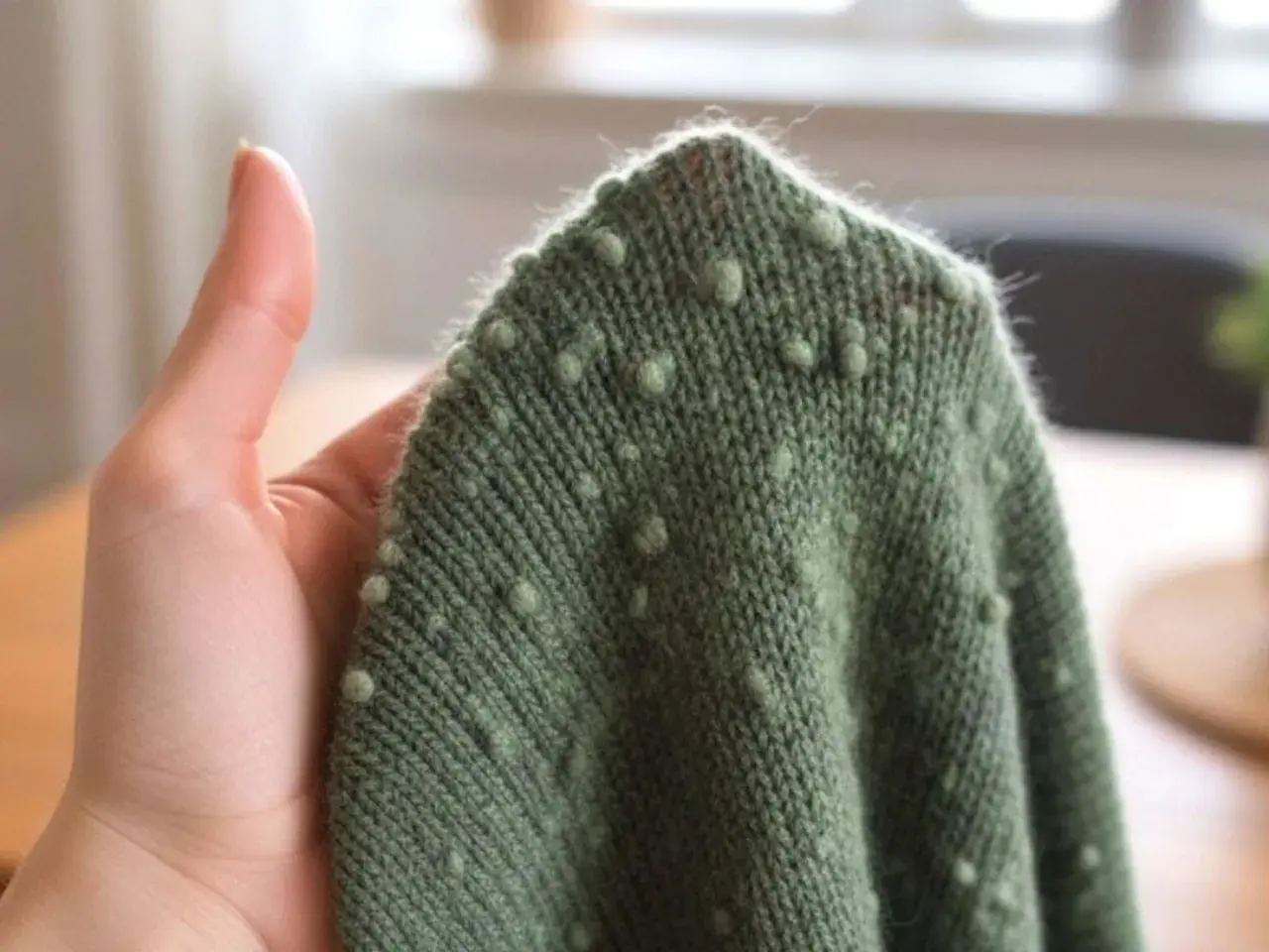 Grüner Strickpullover mit kleinen Noppen, der innen fusselt. Eine Hand hält den Stoff.