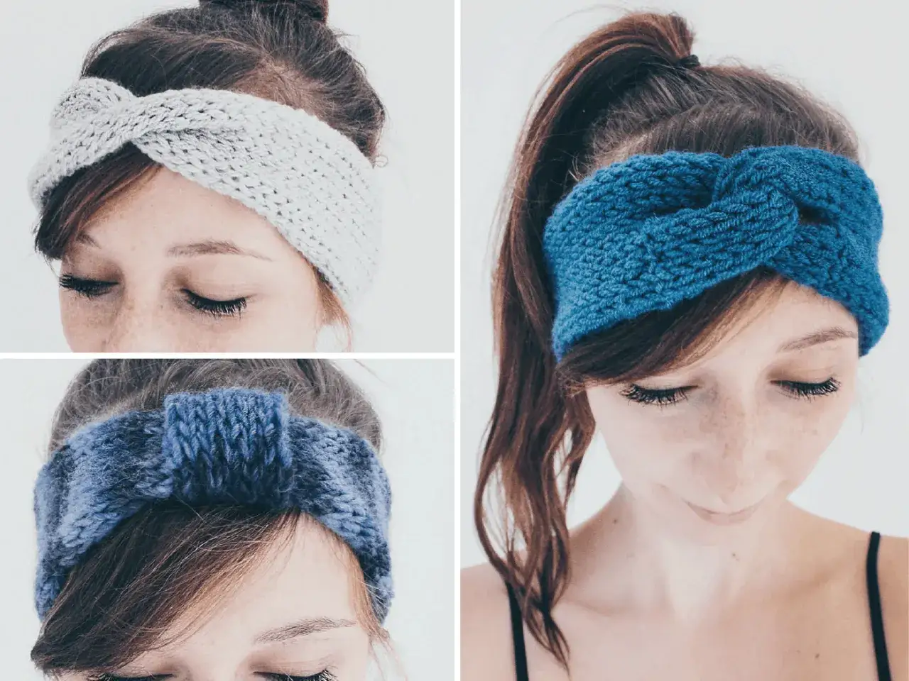 Drei gestrickte Stirnbänder in Grau und Blau, die zeigen, wie breit sollte ein Stirnband sein, um warm und stylisch zu sein.
