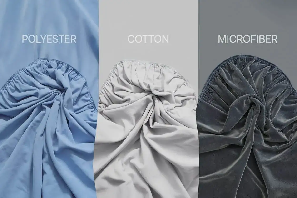 Vergleich von Polyester vs. Baumwolle: Drei Stoffe in Blau, Grau und Dunkelgrau zeigen die Textur und den Fall von Bettlaken.