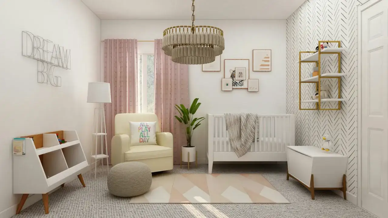 Hübsche kinderzimmer fenster ideen: ein gemütlicher Sessel, ein Gitterbett und ein Bücherregal in einem hellen Raum mit rosa Vorhängen.