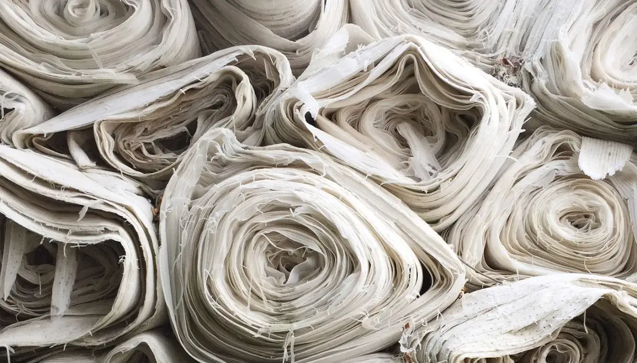 Stapel von weißem, zerknittertem Stoff, der an aufgerollte Papierrollen erinnert. Die Fasern des Rayon-Stoffs sind sichtbar und wirken zerbrechlich, was auf die schädliche Wirkung von Chemikalien bei der Herstellung hindeutet.