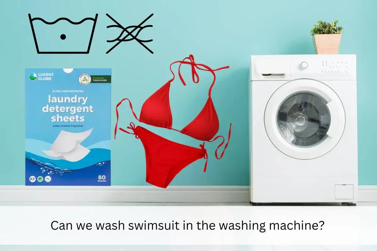 Roter Bikini schwebt neben Waschmittel-Blattpackung und Waschmaschine. Frage: Kann man den Bikini waschen?