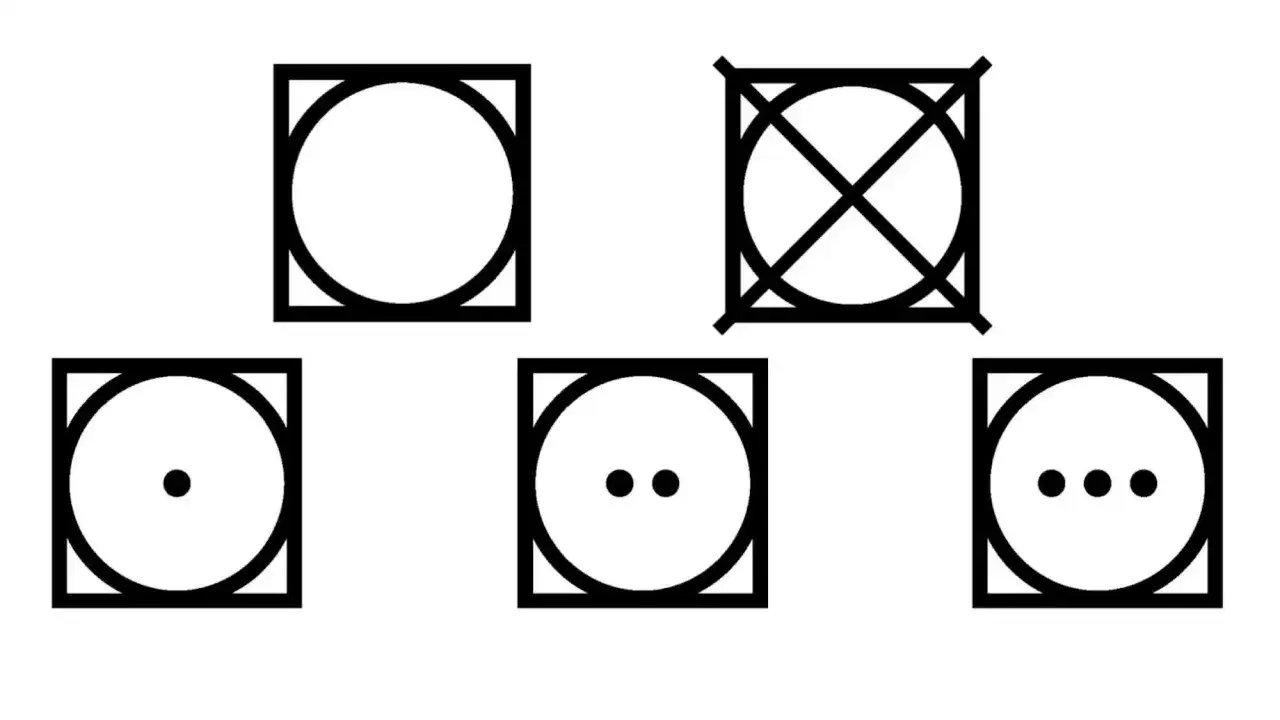 Symbole f&uuml;r den Wolle trockner: Kreis im Quadrat zeigt verschiedene Trocknungsstufen an, von schonend bis normal. Ein durchgestrichenes Symbol bedeutet nicht trocknen.