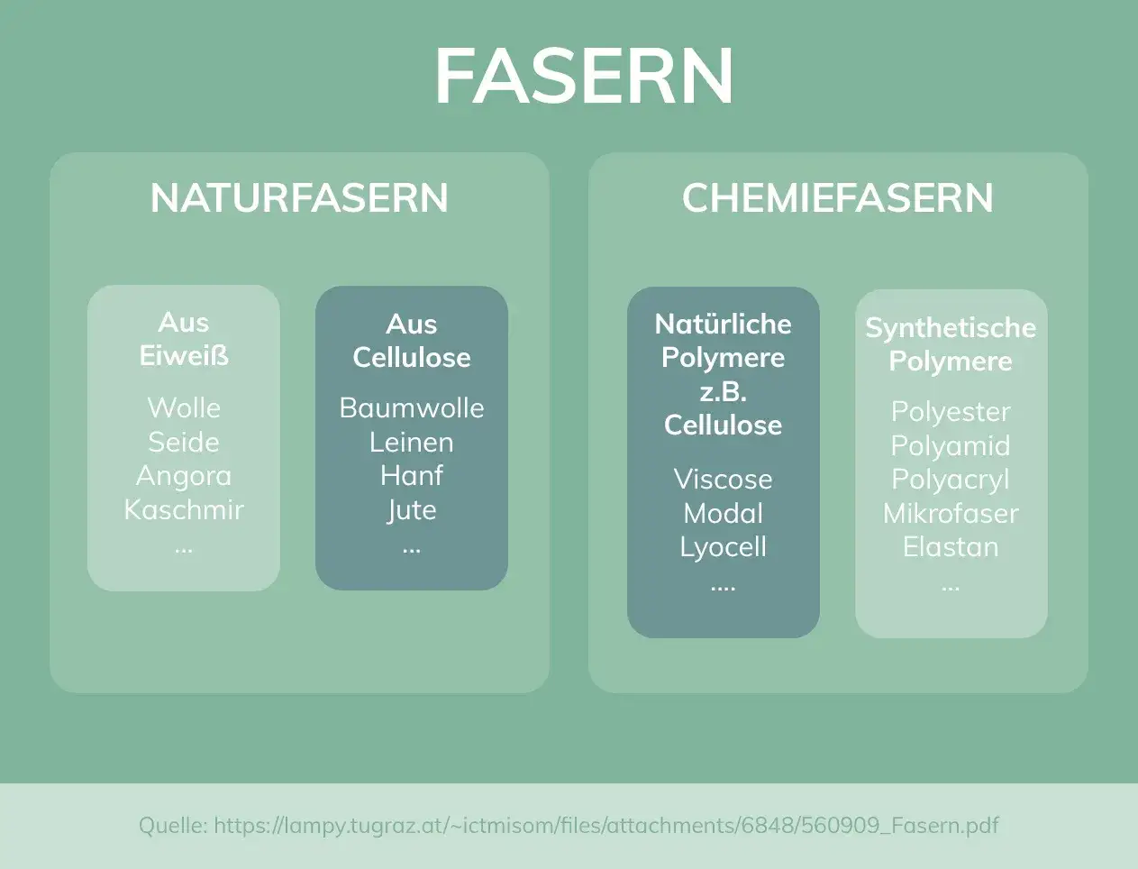 Übersicht über Fasern: Naturfasern (Eiweiß, Cellulose) und Chemiefasern (natürliche/synthetische Polymere wie Polyester, Viskose).