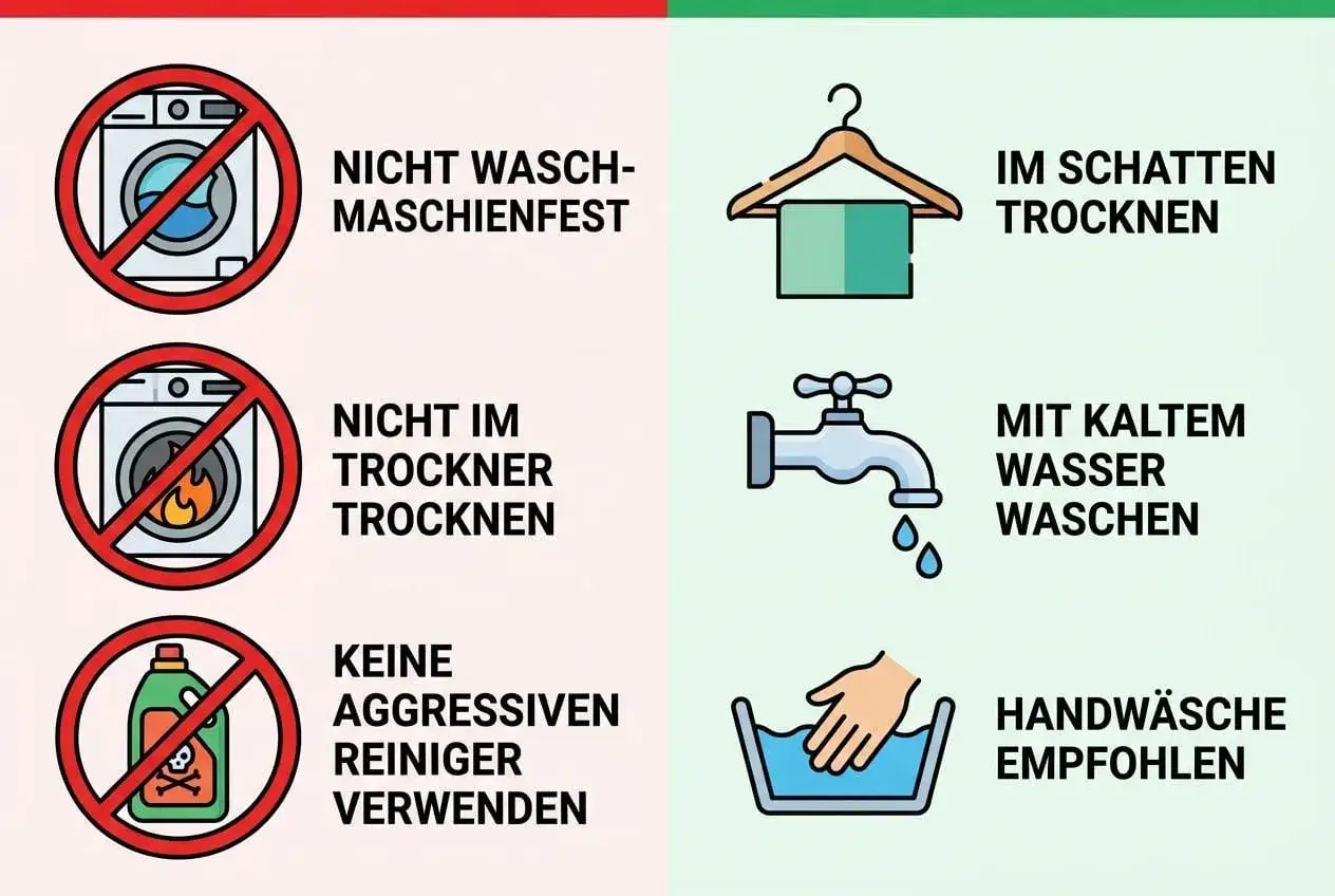 Pflegehinweise: Nicht maschinenwaschbar, nicht im Trockner trocknen, keine aggressiven Reiniger. Handwäsche mit kaltem Wasser empfohlen, im Schatten trocknen.