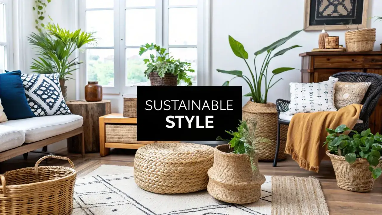 Gem&uuml;tliches Wohnzimmer mit vielen Pflanzen und K&ouml;rben aus synthetischer Baumwolle. Ein Sofa l&auml;dt zum Entspannen ein.